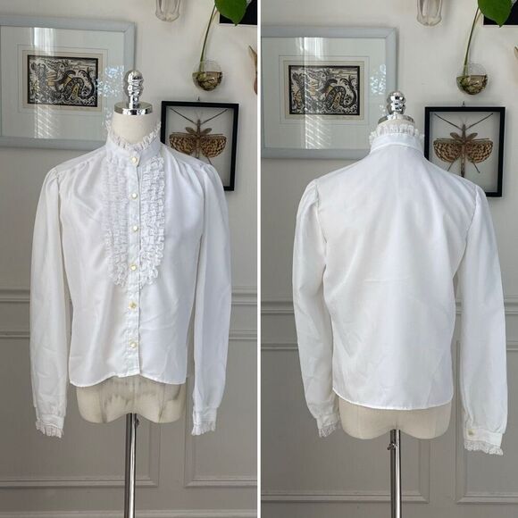 Vintage 70s 80s Mock Neck Ruffle Lace White Blouse S M - Picture 2 of 7